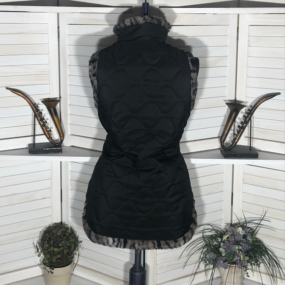 Vintage Y2K reversible Vest Animal Print Faux Fur Cinch Quilted Black/Brown L - Picture 6 of 14